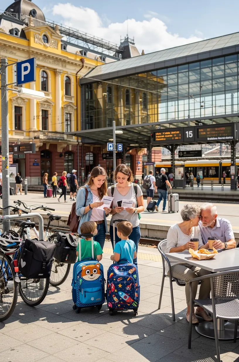 Turisti vystupujúci z vlaku pri malebnej zastávke s možnosťou prehliadky pamiatok.