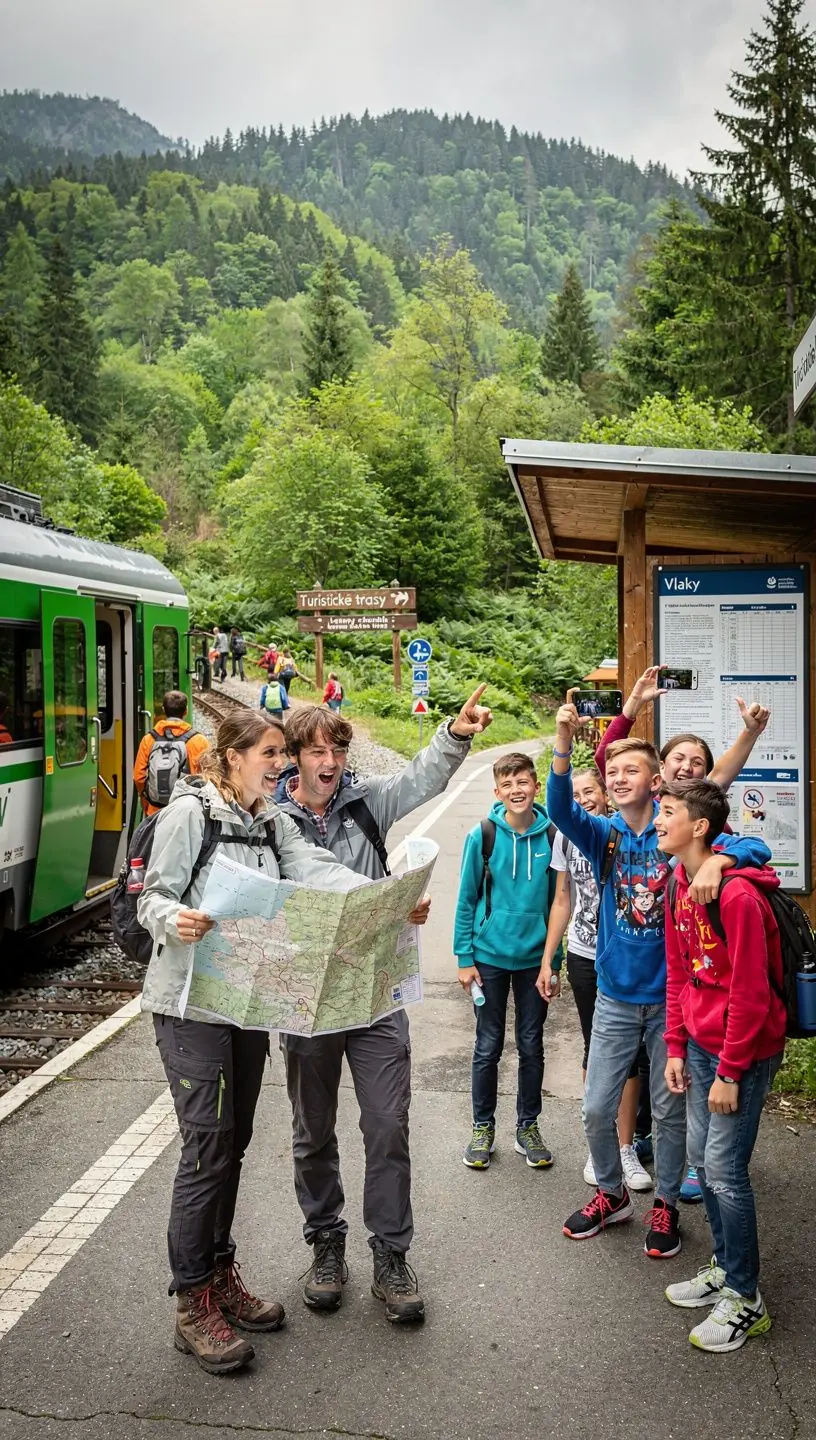 Detail koľajníc vedúcich cez zelené údolie s výhľadom na vzdialené kopce.